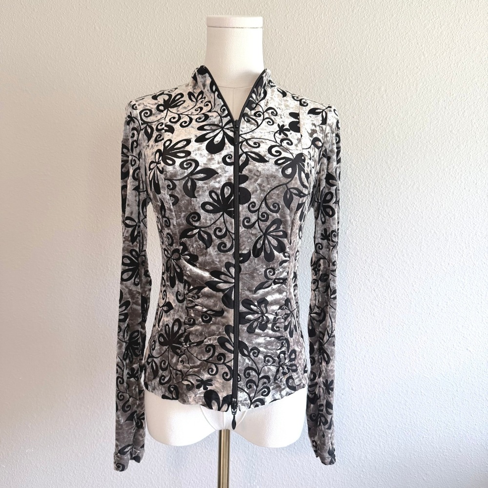 Joseph Ribkoff Vintage 90s Devore Floral Zip Up Jacket Mock Neck Gray Black 6